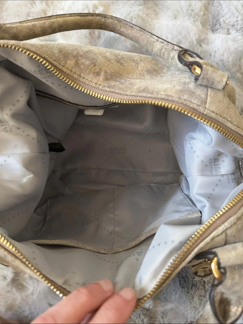 Aimee Kestenberg Taupe Suede Satchel with Gold Hardware